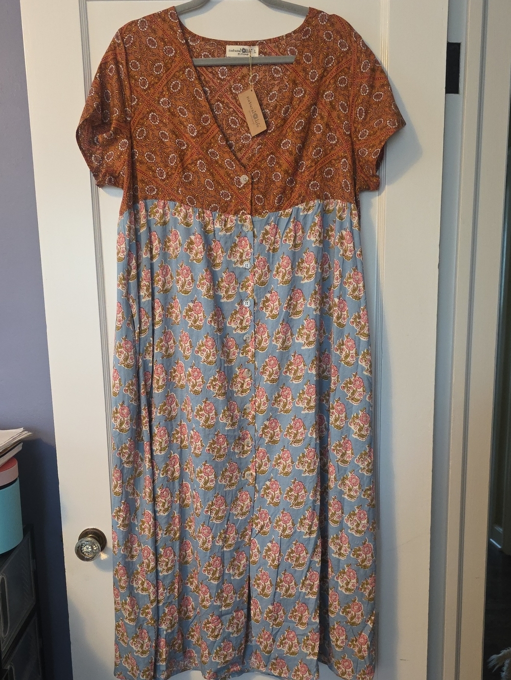 NATURAL LIFE Blue and Rust Floral Block Maxi Dress